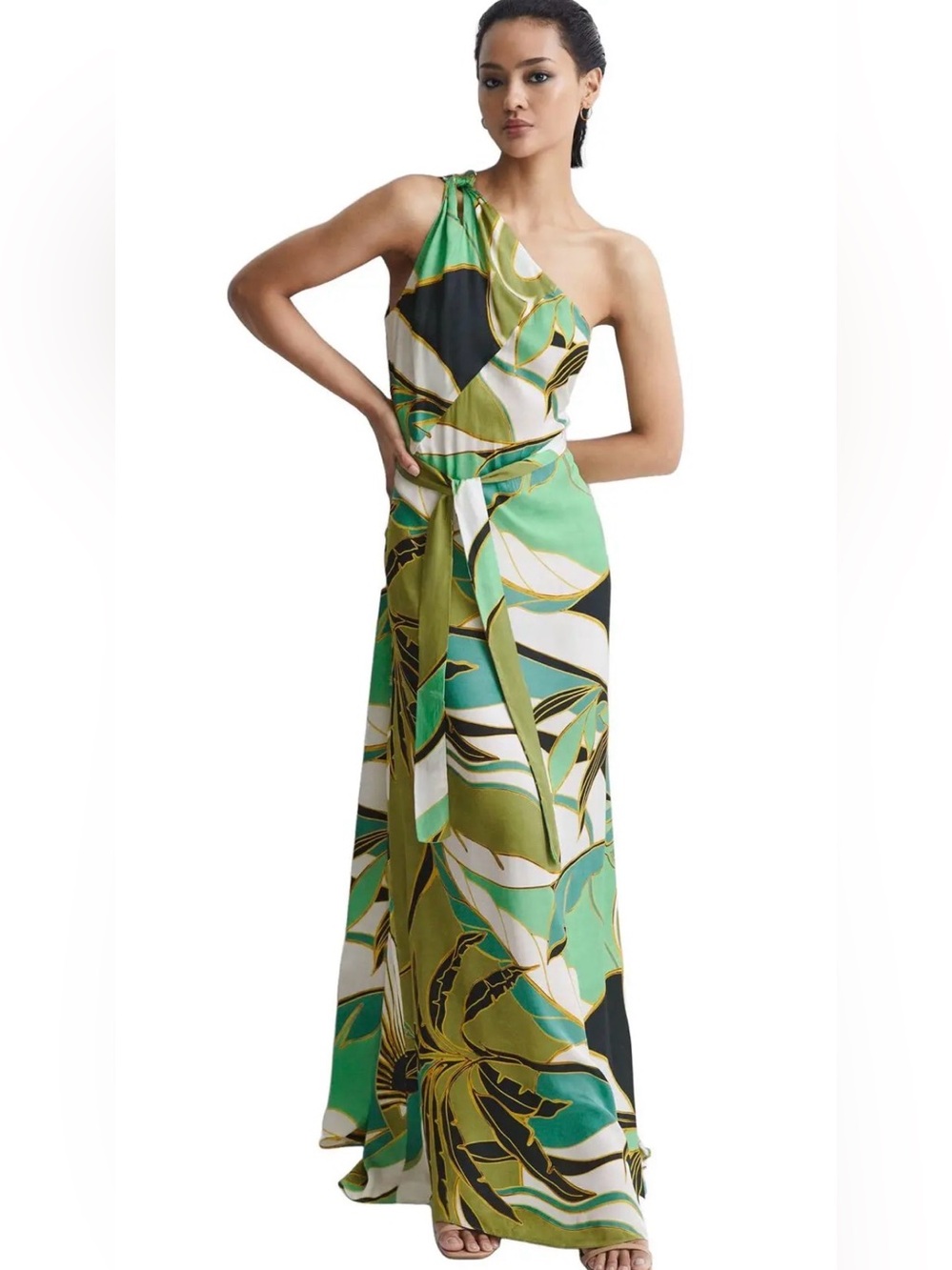 NEW Reiss Tina Jungle Print One-Shoulder Green Leaf Maxi Dress, Size 6